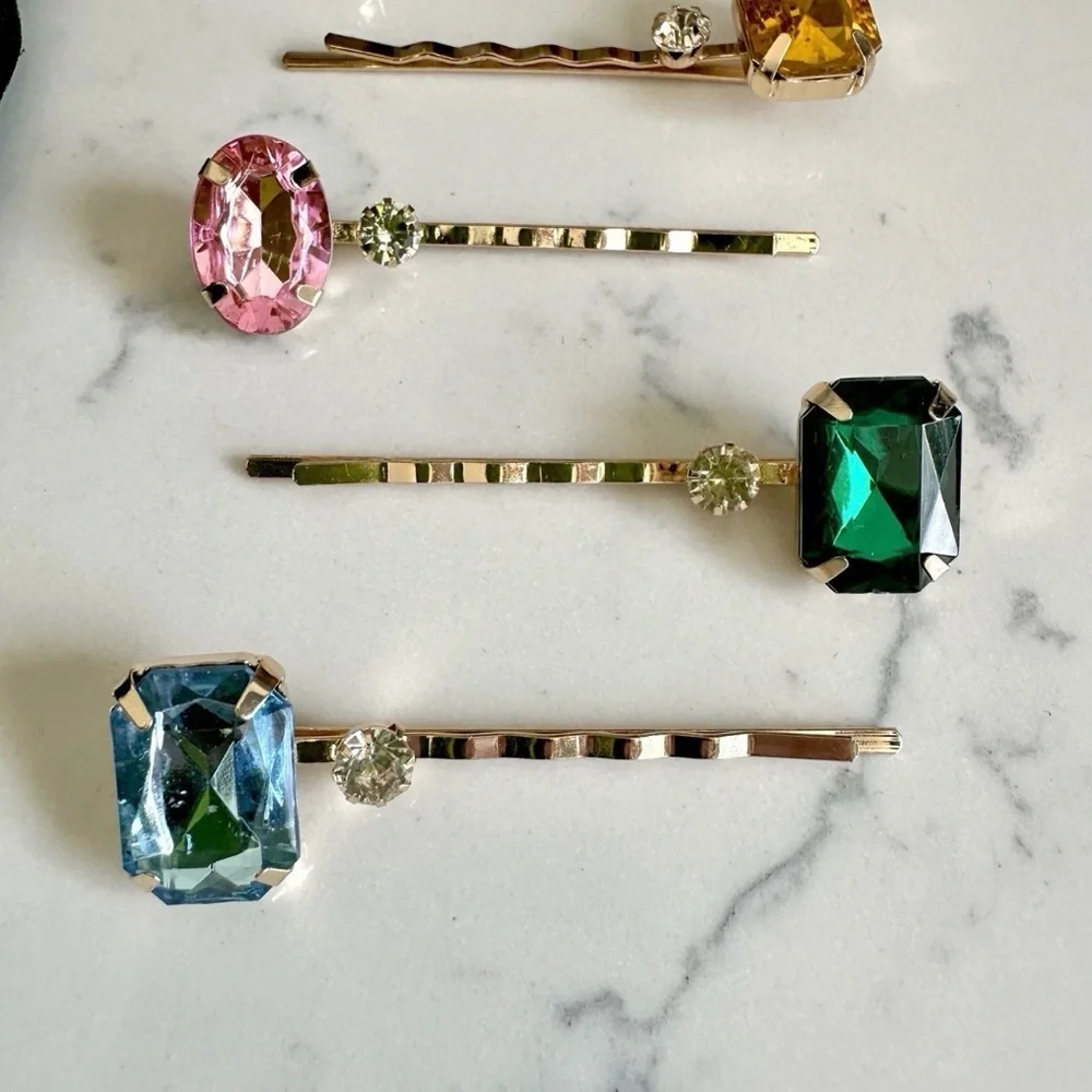 Colorful Rhinestone Gold Bobby Pin 6 pc Oval Rectangle Clip Hair Accessory NEW